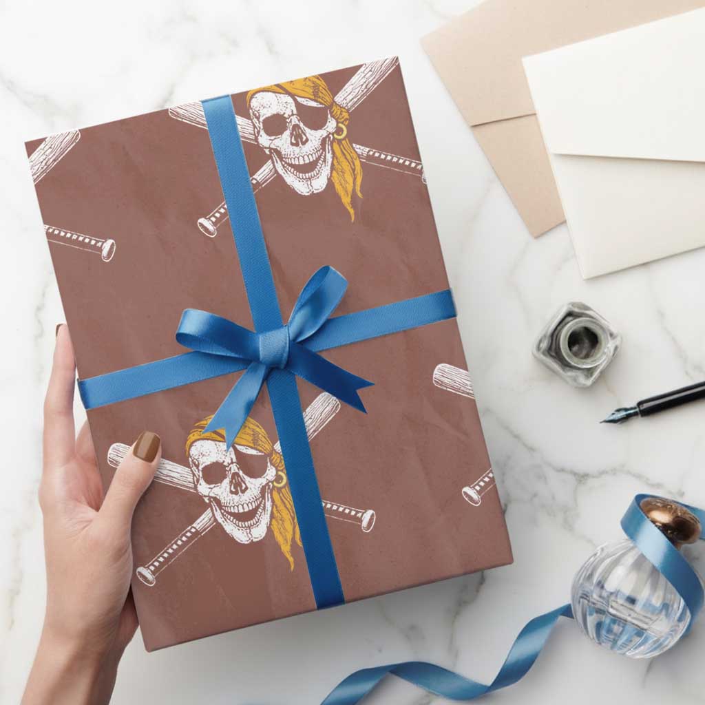 Baseball Pirate Skull Wrapping Paper Roll Retro Vintage Cross Baseball Bats TS10 Mocha Print Your Wear