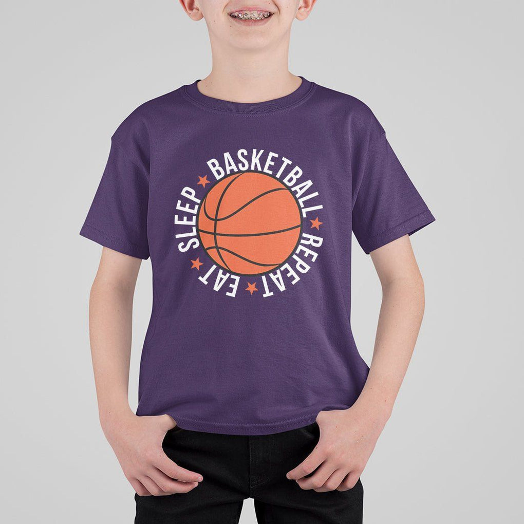Basketball Lover T Shirt For Kid Eat Sleep Basketball Repeat TS11 Purple Print Your Wear