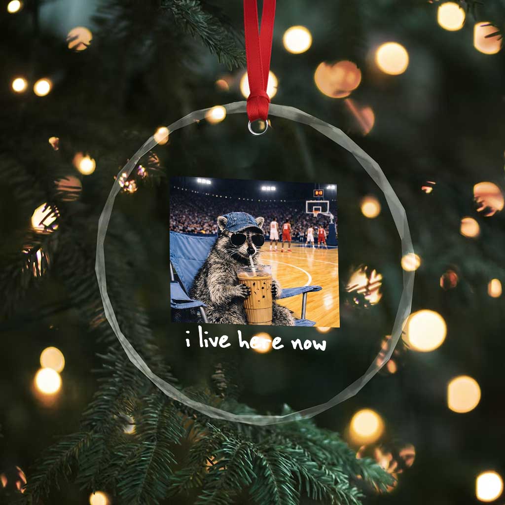 Basketball Raccoon I Live Here Now Crystal Glass Ornament Funny Trash Panda Drinking Iced Coffee Basketball Court TS11 Print Your Wear