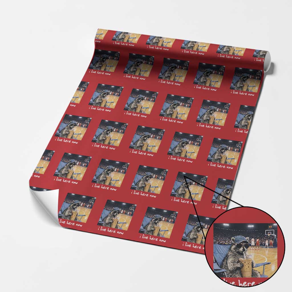Basketball Raccoon I Live Here Now Wrapping Paper Roll Funny Trash Panda Drinking Iced Coffee Basketball Court TS11 Red Print Your Wear