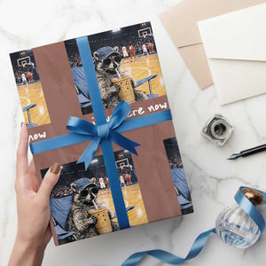 Basketball Raccoon I Live Here Now Wrapping Paper Roll Funny Trash Panda Drinking Iced Coffee Basketball Court TS11 Mocha Print Your Wear