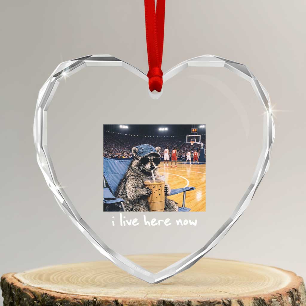 Basketball Raccoon I Live Here Now Heart Crystal Glass Ornament Funny Trash Panda Drinking Iced Coffee Basketball Court TS11 Transparent Glass 3'' Heart Print Your Wear