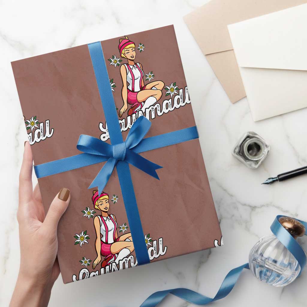 Bavarian Pin Up Girl Lausmadl Wrapping Paper Roll Oktoberfest Edelweiss Flowers TS02 Mocha Print Your Wear