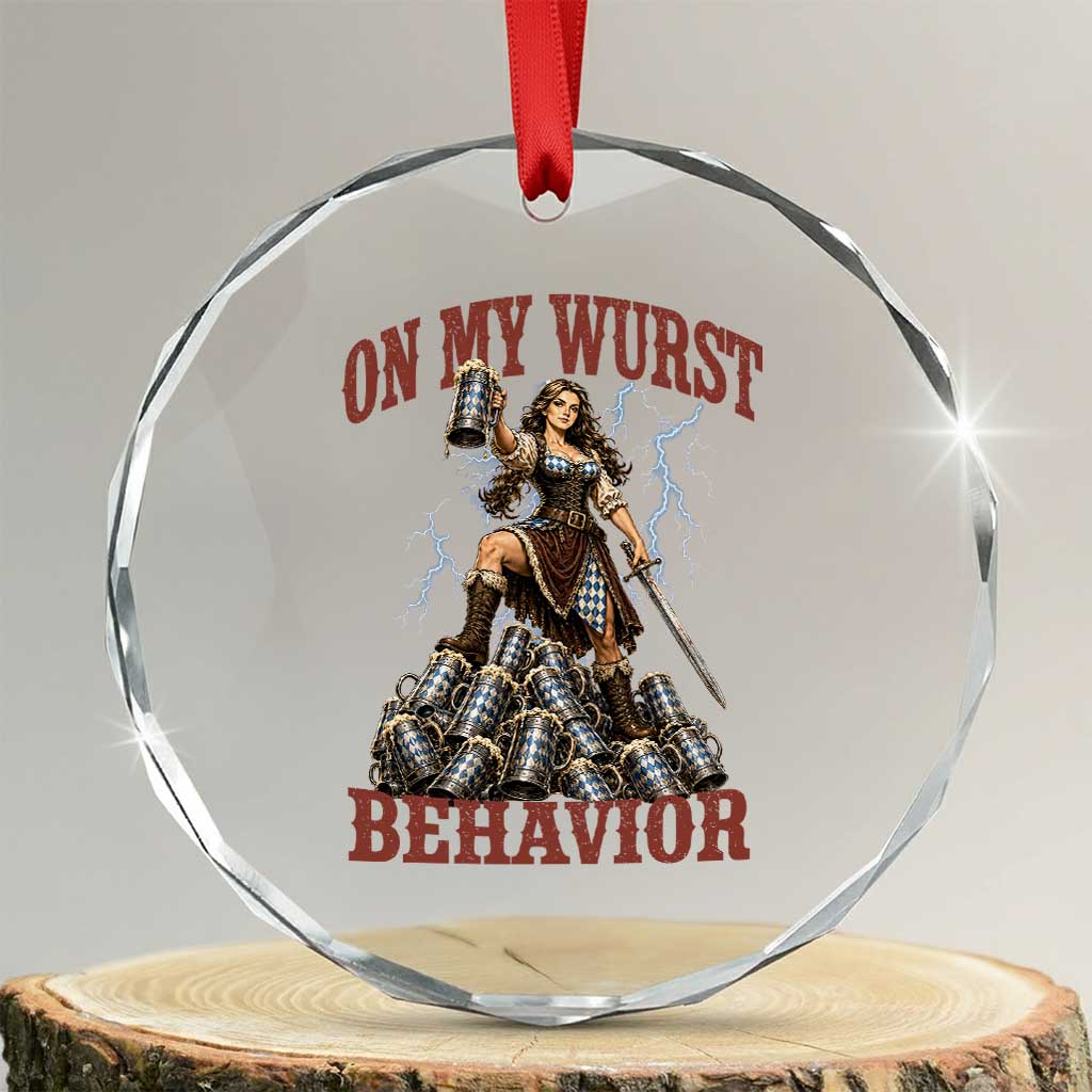 Bavarian Warrior Woman Drinking Beer Oktoberfest Graphic Crystal Glass Ornament On My Wurst Behavior TS12 Transparent Glass 3'' Circle Print Your Wear