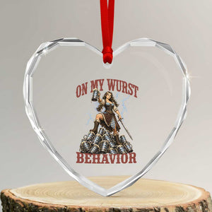 Bavarian Warrior Woman Drinking Beer Oktoberfest Graphic Heart Crystal Glass Ornament On My Wurst Behavior