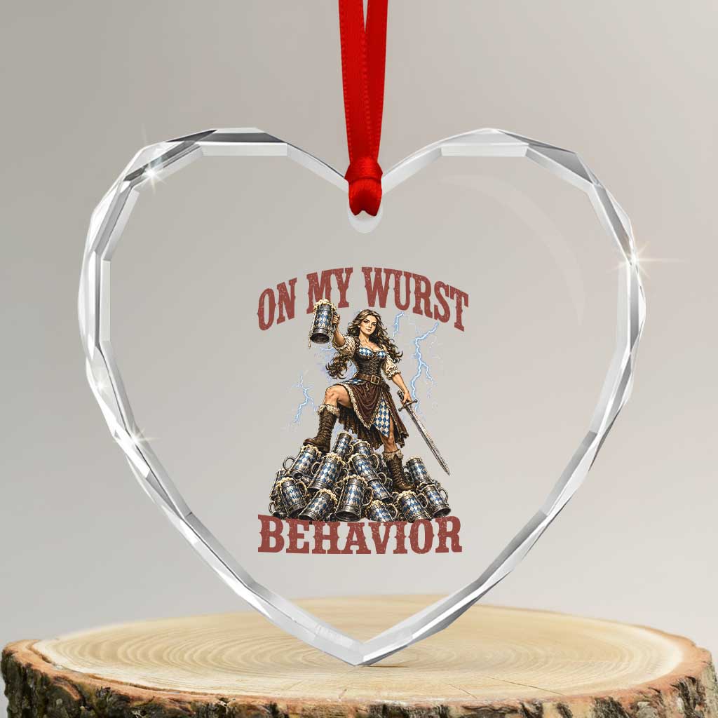 Bavarian Warrior Woman Drinking Beer Oktoberfest Graphic Heart Crystal Glass Ornament On My Wurst Behavior TS12 Transparent Glass 3'' Heart Print Your Wear