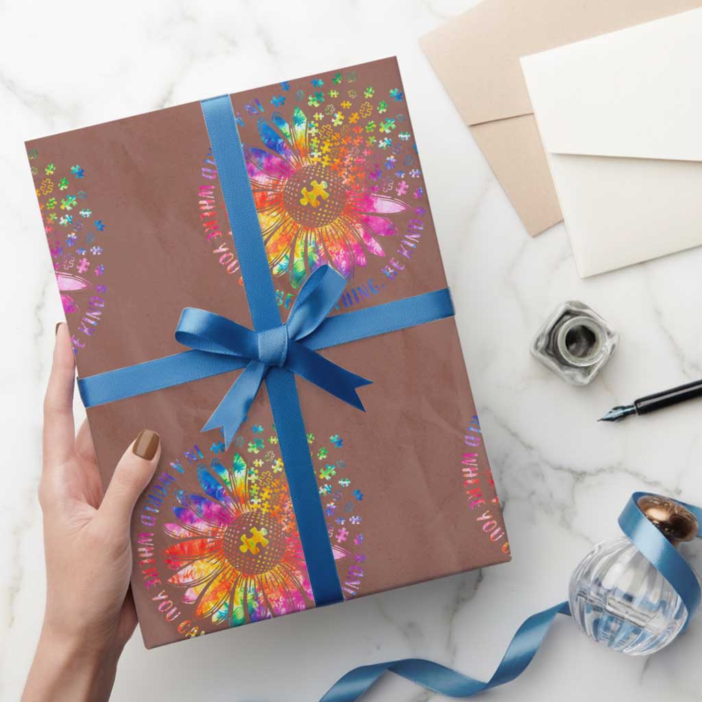 Be Kind Autism Awareness Wrapping Paper Roll Kindness Sunflower Tie Dye Puzzle TS02 Mocha Print Your Wear