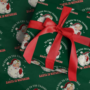 Be Nice To The Teacher Santa Is Watching Retro Groovy Christmas Wrapping Paper Roll TS02 Green Print Your Wear