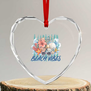 Beach Vibes Heart Crystal Glass Ornament Floral Seashell Coastal Vacation Graphic