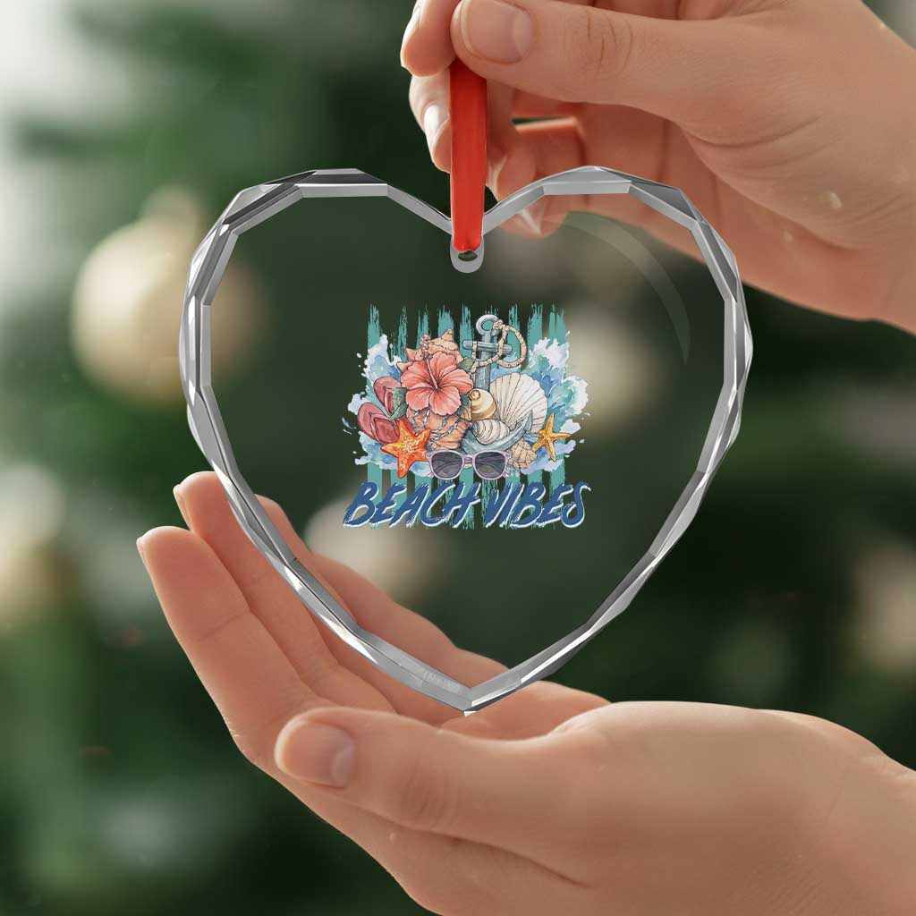 Beach Vibes Heart Crystal Glass Ornament Floral Seashell Coastal Vacation Graphic