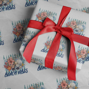 Beach Vibes Wrapping Paper Roll Floral Seashell Coastal Vacation Graphic