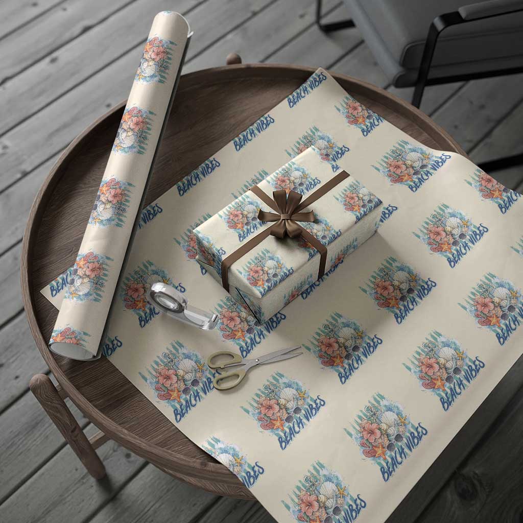 Beach Vibes Wrapping Paper Roll Floral Seashell Coastal Vacation Graphic