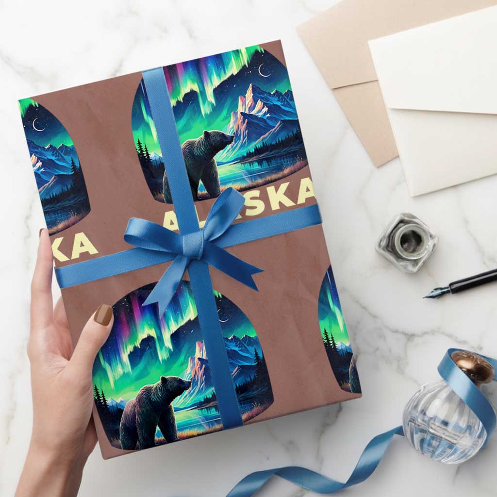 Bear Alaska Wrapping Paper Roll Alaskan Night Sky Northern Lights Aurora TS10 Mocha Print Your Wear