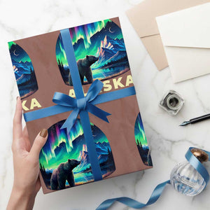Bear Alaska Wrapping Paper Roll Alaskan Night Sky Northern Lights Aurora TS10 Mocha Print Your Wear