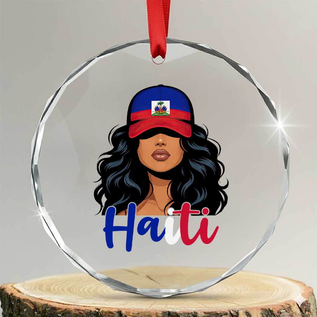 Beautiful Haitian Girl in Flag Baseball Cap Crystal Glass Ornament Haiti Heritage Pride TS02 Transparent Glass 3'' Circle Print Your Wear