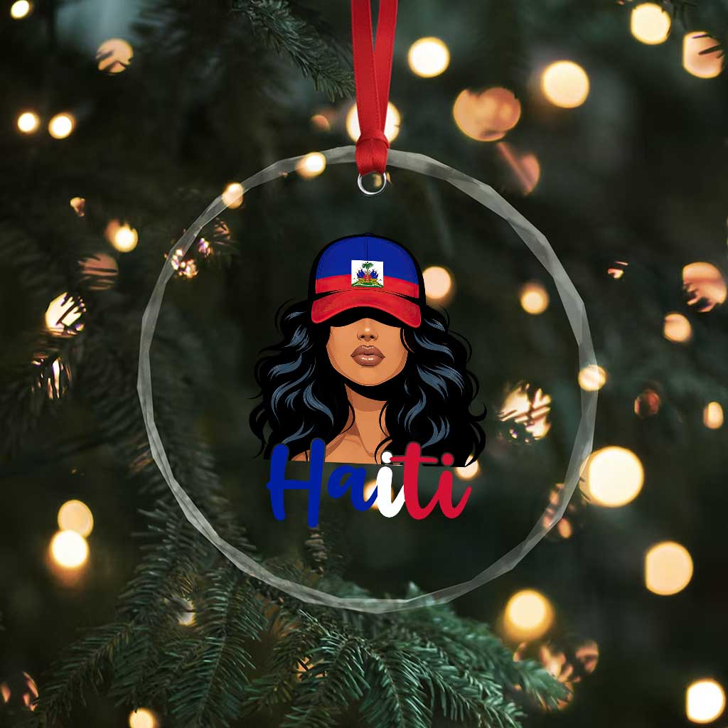 Beautiful Haitian Girl in Flag Baseball Cap Crystal Glass Ornament Haiti Heritage Pride TS02 Print Your Wear