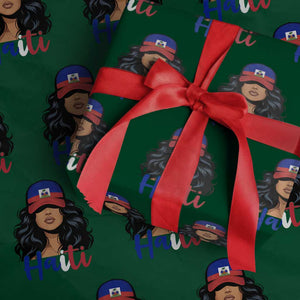 Beautiful Haitian Girl in Flag Baseball Cap Wrapping Paper Roll Haiti Heritage Pride TS02 Green Print Your Wear