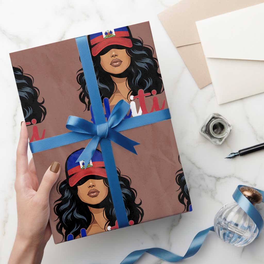 Beautiful Haitian Girl in Flag Baseball Cap Wrapping Paper Roll Haiti Heritage Pride TS02 Mocha Print Your Wear