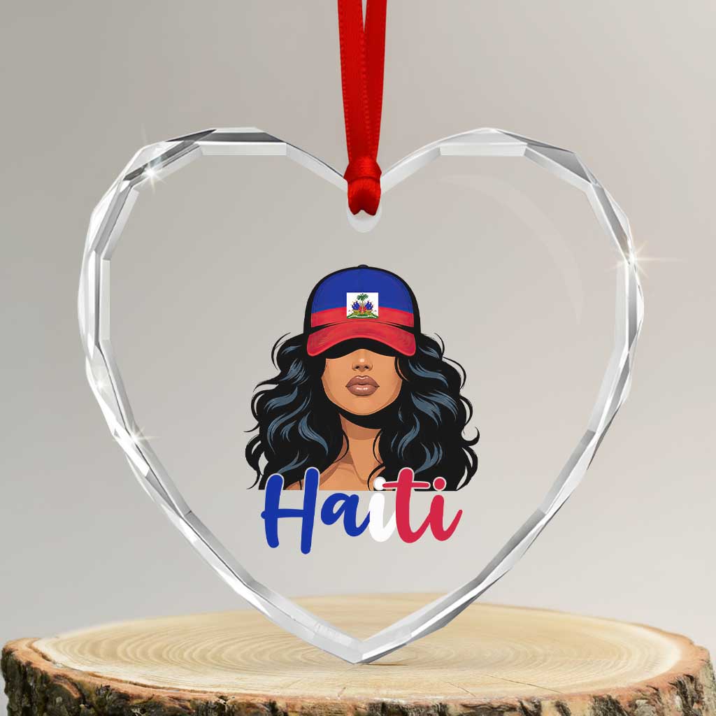 Beautiful Haitian Girl in Flag Baseball Cap Heart Crystal Glass Ornament Haiti Heritage Pride TS02 Transparent Glass 3'' Heart Print Your Wear