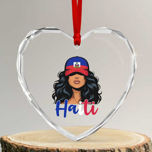 Beautiful Haitian Girl in Flag Baseball Cap Heart Crystal Glass Ornament Haiti Heritage Pride TS02 Transparent Glass 3'' Heart Print Your Wear