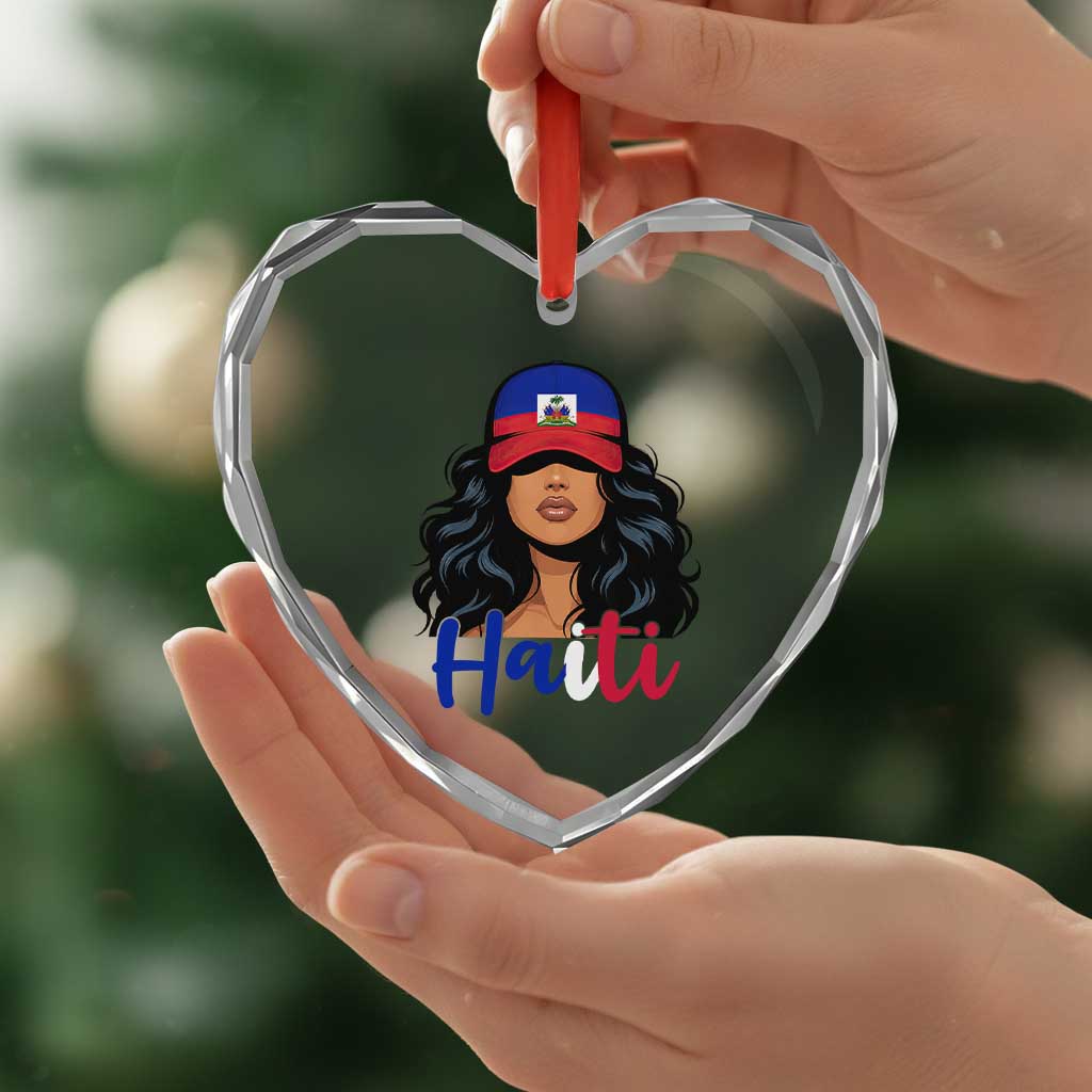 Beautiful Haitian Girl in Flag Baseball Cap Heart Crystal Glass Ornament Haiti Heritage Pride TS02 Print Your Wear