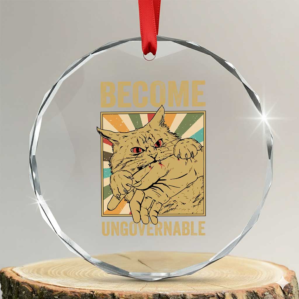 Become Ungovernable Cat Crystal Glass Ornament Funny Retro Cat Bite Horror Anime TS11 Transparent Glass 3'' Circle Print Your Wear