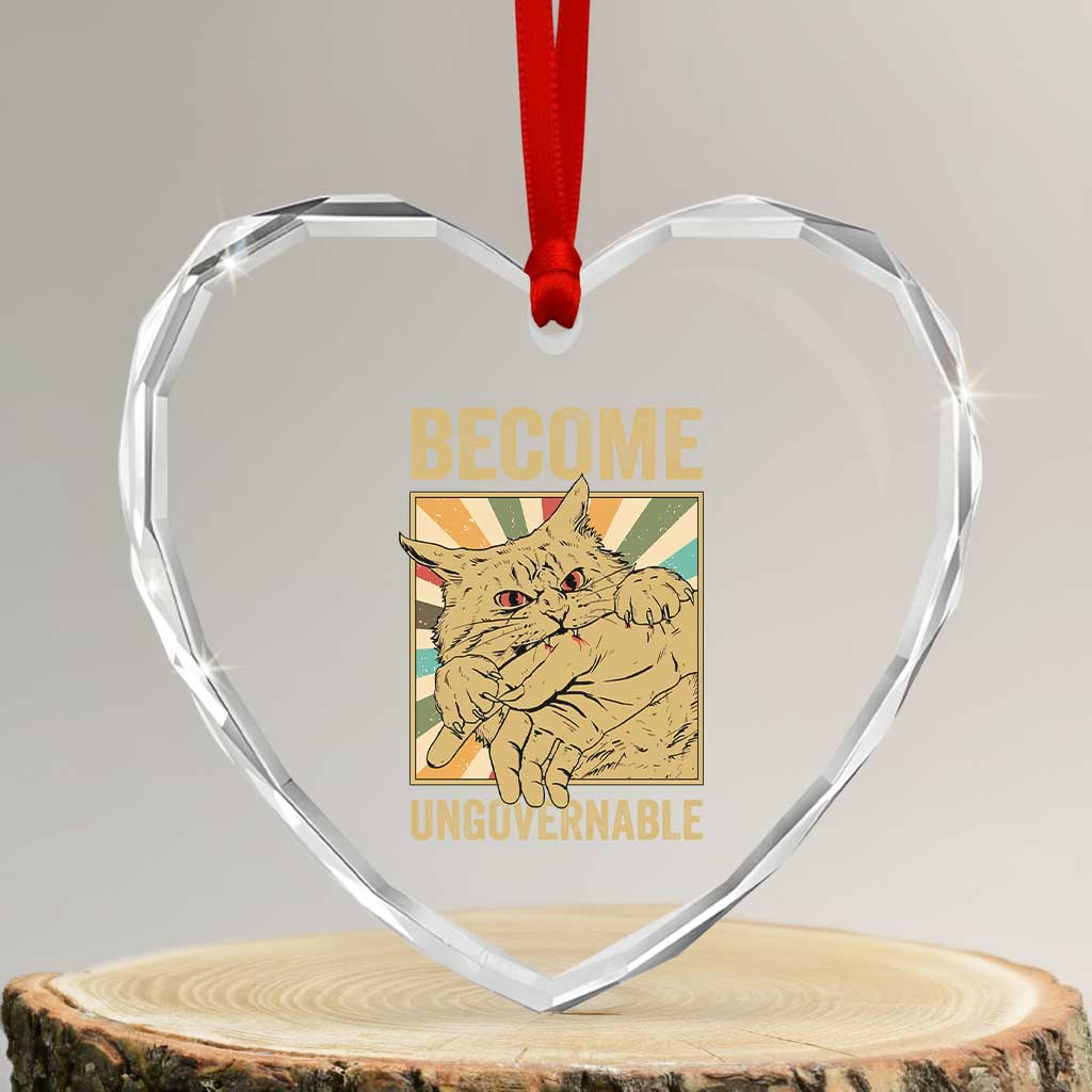 Become Ungovernable Cat Heart Crystal Glass Ornament Funny Retro Cat Bite Horror Anime TS11 Transparent Glass 3'' Heart Print Your Wear
