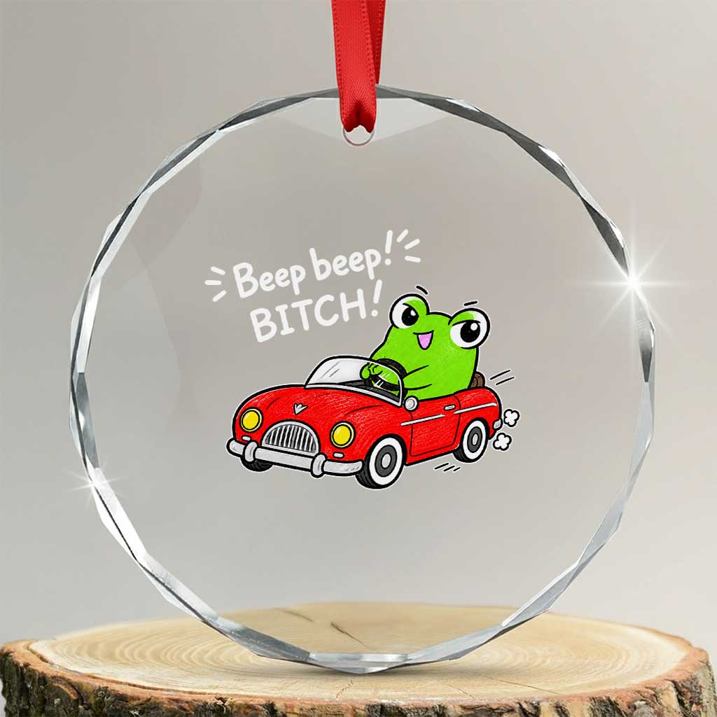 Beep Beep Frog Crystal Glass Ornament Funny Driving Frog Red Convertible Car Graphic TS10 Transparent Glass 3'' Circle Print Your Wear