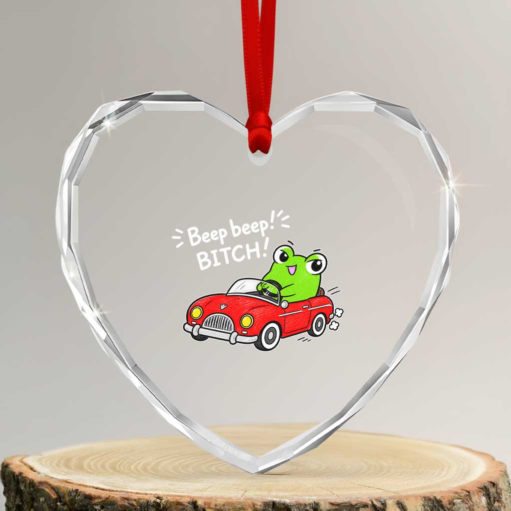 Beep Beep Frog Heart Crystal Glass Ornament Funny Driving Frog Red Convertible Car Graphic TS10 Transparent Glass 3'' Heart Print Your Wear