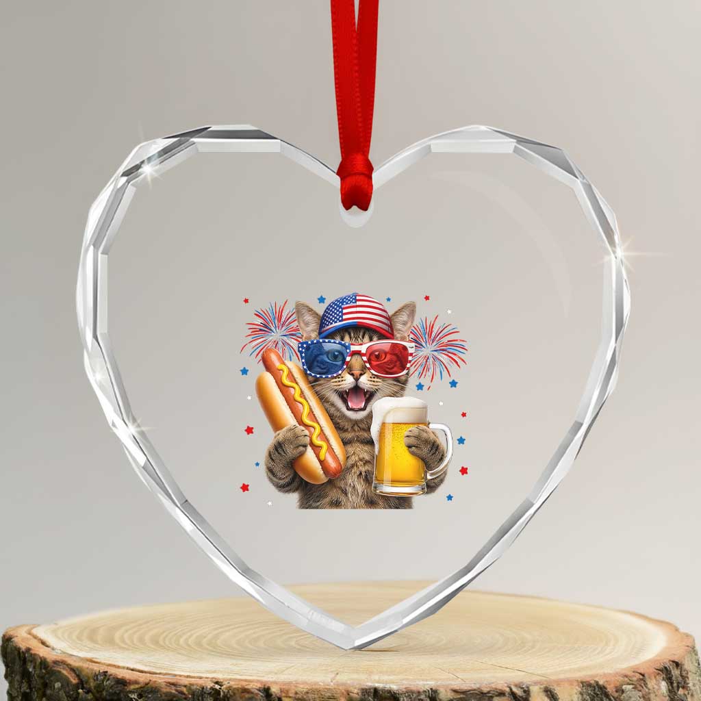 Beer And Hotdog Cat Heart Crystal Glass Ornament Fourth Of July Celebration
