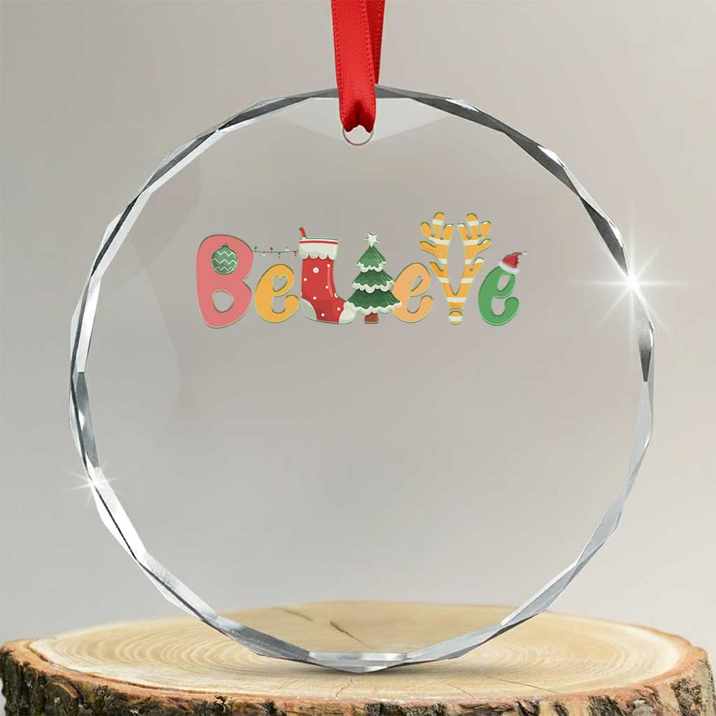 Believe Xmas Crystal Glass Ornament Santa Claus Reindeer Candy Cane Groovy Xmas TS02 Transparent Glass 3'' Circle Print Your Wear