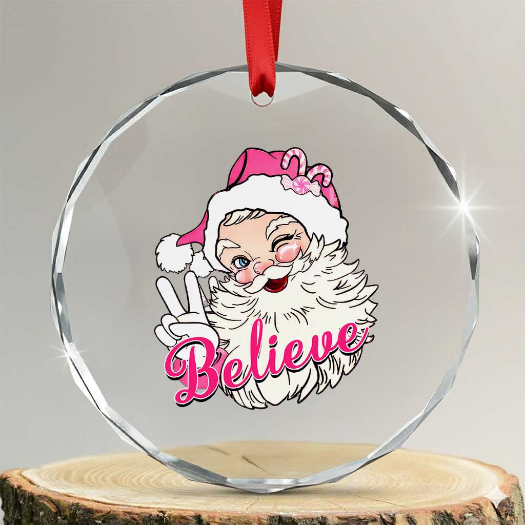 Believe Xmas Vintage Pink Santa Claus Crystal Glass Ornament TS09 Transparent Glass 3'' Circle Print Your Wear