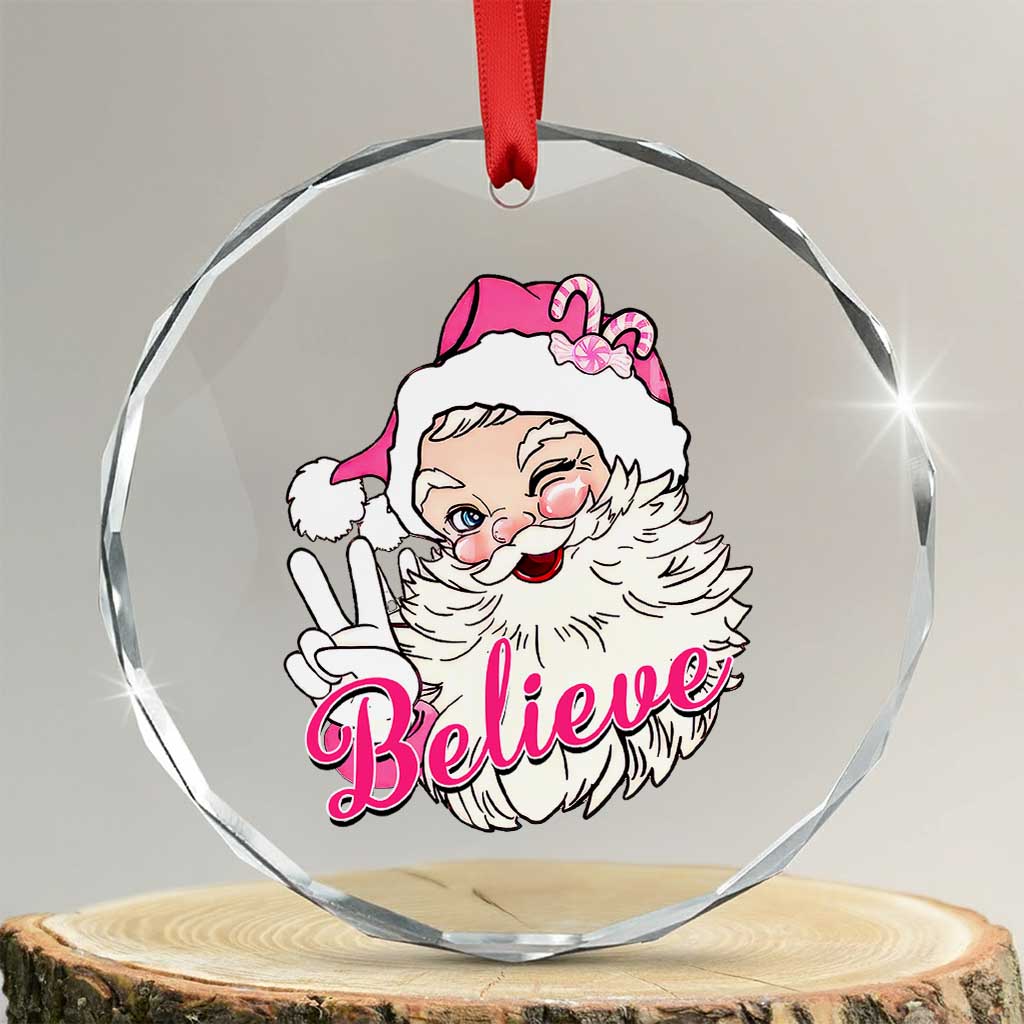 Believe Xmas Vintage Pink Santa Claus Crystal Glass Ornament TS09 Transparent Glass 3'' Circle Print Your Wear
