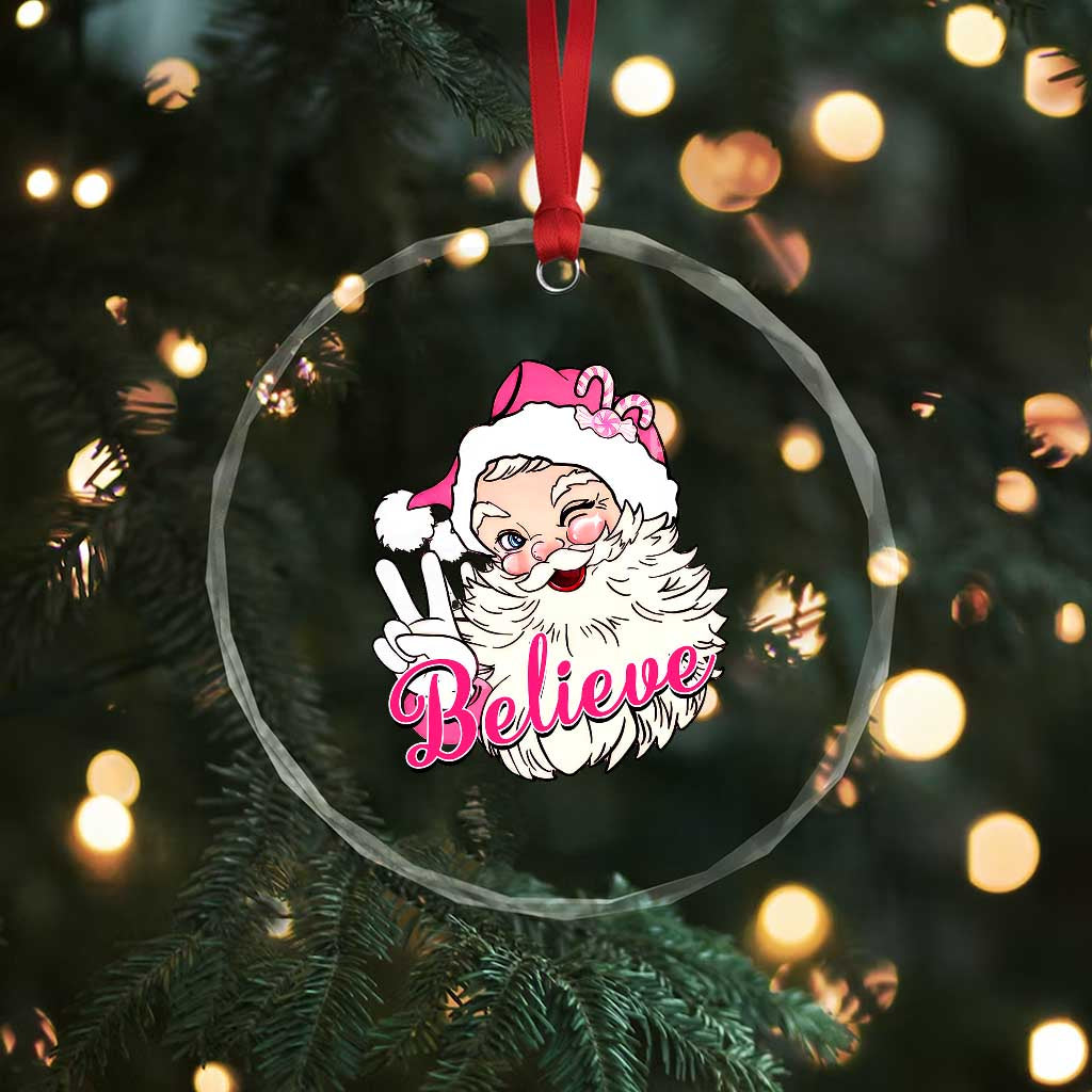 Believe Xmas Vintage Pink Santa Claus Crystal Glass Ornament TS09 Print Your Wear
