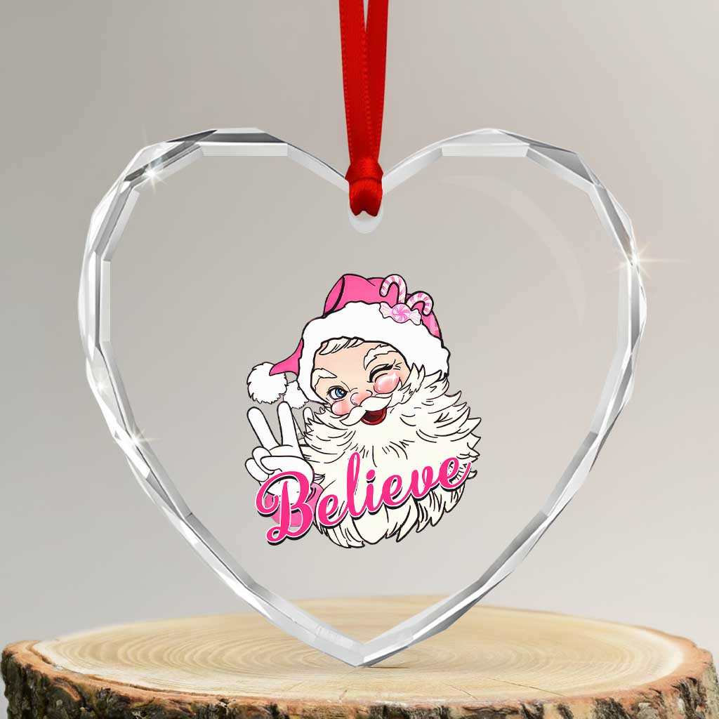 Believe Xmas Vintage Pink Santa Claus Heart Crystal Glass Ornament TS09 Transparent Glass 3'' Heart Print Your Wear