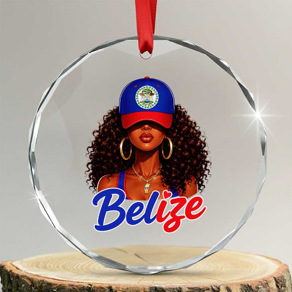 Belize Princess Crystal Glass Ornament Melanin Afro Girl Belize Flag Heritage Gift for Black Girls TS10 Transparent Glass 3'' Circle Print Your Wear