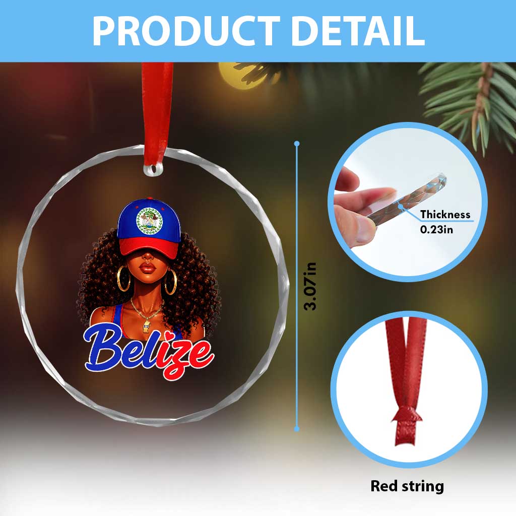 Belize Princess Crystal Glass Ornament Melanin Afro Girl Belize Flag Heritage Gift for Black Girls