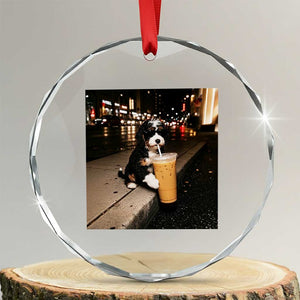 Bernedoodle Dog Drinking Iced Coffee Crystal Glass Ornament Funny Coffee Lover Gift for Dog Moms Dads