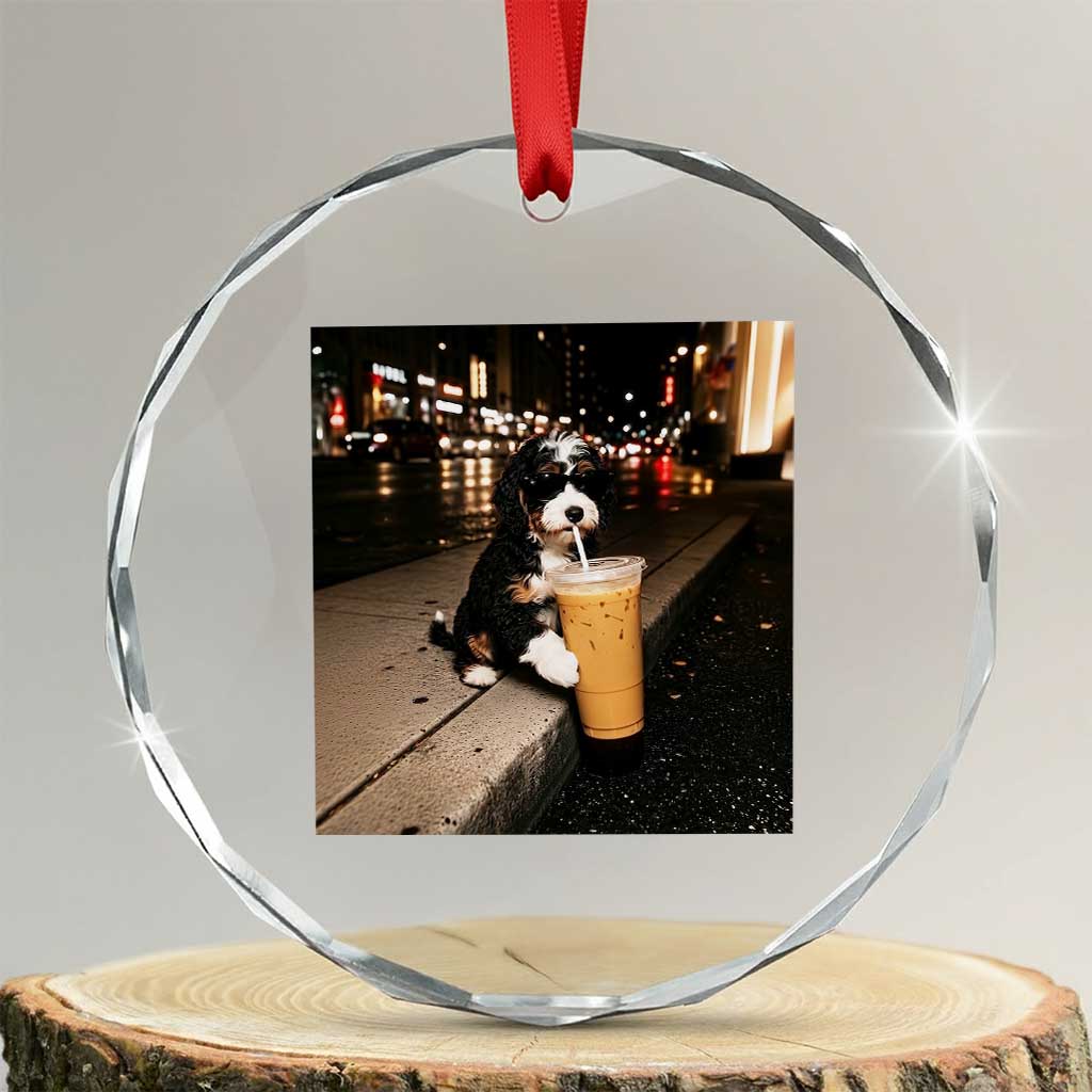 Bernedoodle Dog Drinking Iced Coffee Crystal Glass Ornament Funny Coffee Lover Gift for Dog Moms Dads TS10 Transparent Glass 3'' Circle Print Your Wear