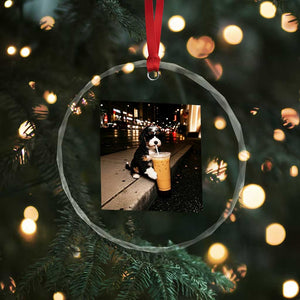 Bernedoodle Dog Drinking Iced Coffee Crystal Glass Ornament Funny Coffee Lover Gift for Dog Moms Dads