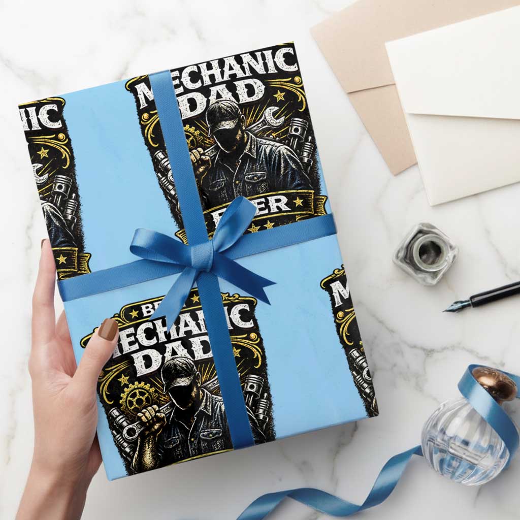 Best Mechanic Dad Ever Wrapping Paper Roll Auto Repair Fathers Day Graphic TS12 Light Blue Print Your Wear
