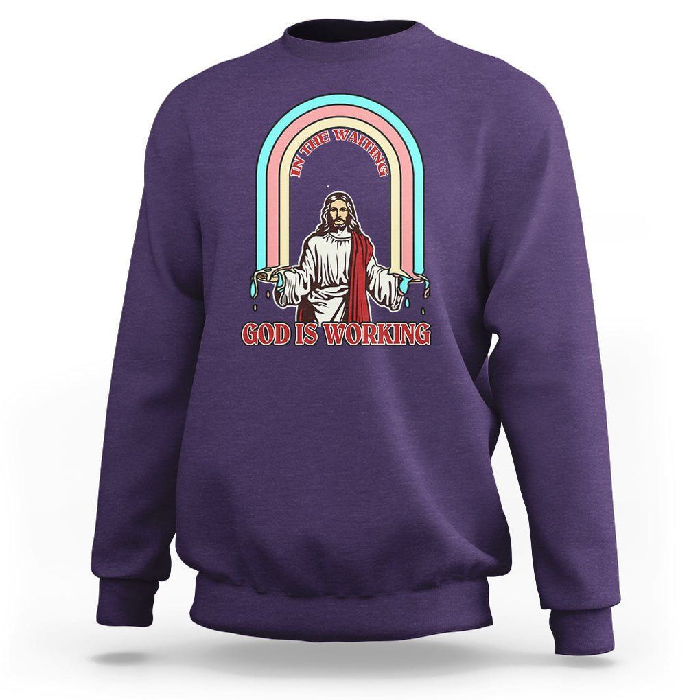 Bible Verse Sweatshirt Jesus In The Waiting God Is Working Christian Bible Religious TS02 Purple Printyourwear