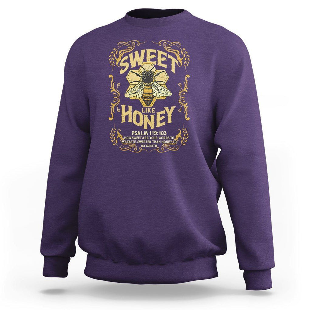 Bible Verse Sweatshirt Sweet Like Honey Psalm 119:103 Christian Faith Retro Vintage TS02 Purple Print Your Wear