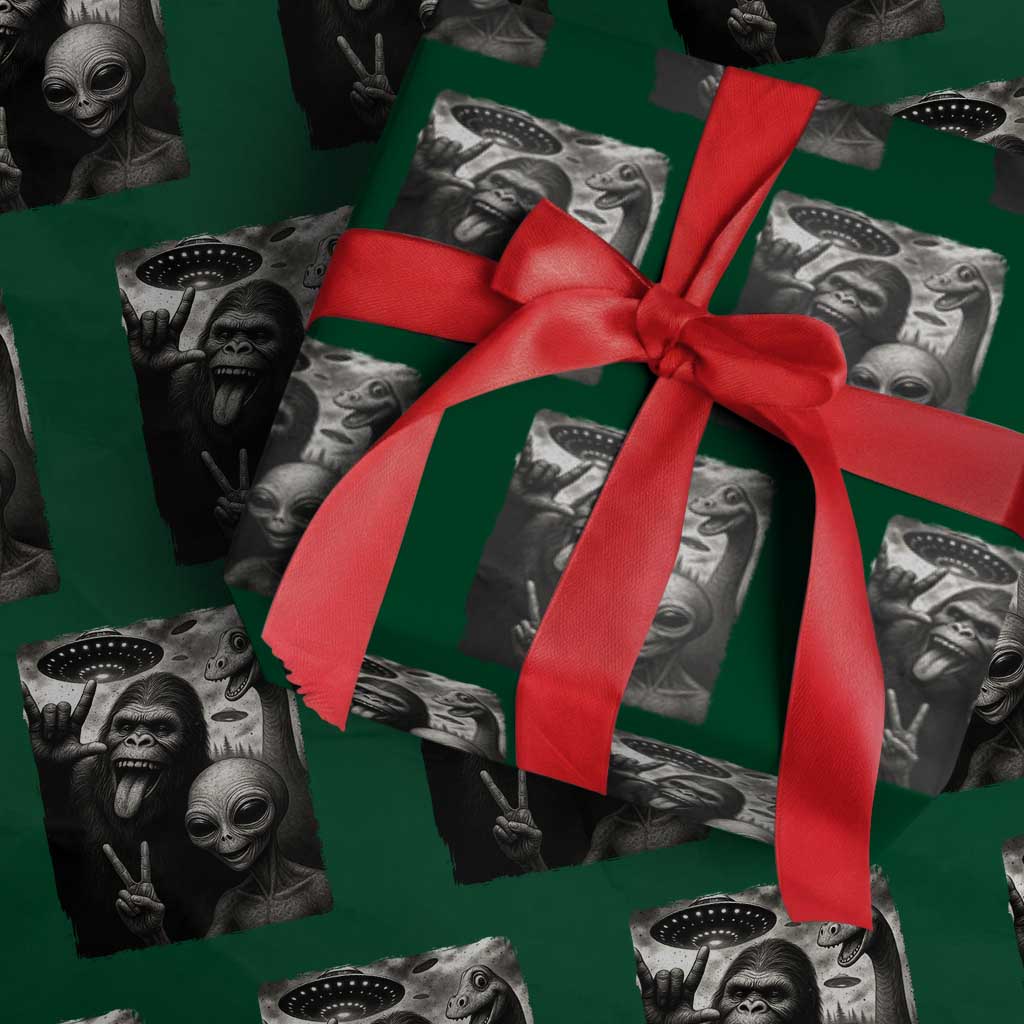 Bigfoot Alien Loch Ness Monster Wrapping Paper Roll Funny Cryptid UFO Selfie Sasquatch Rock On TS10 Green Print Your Wear