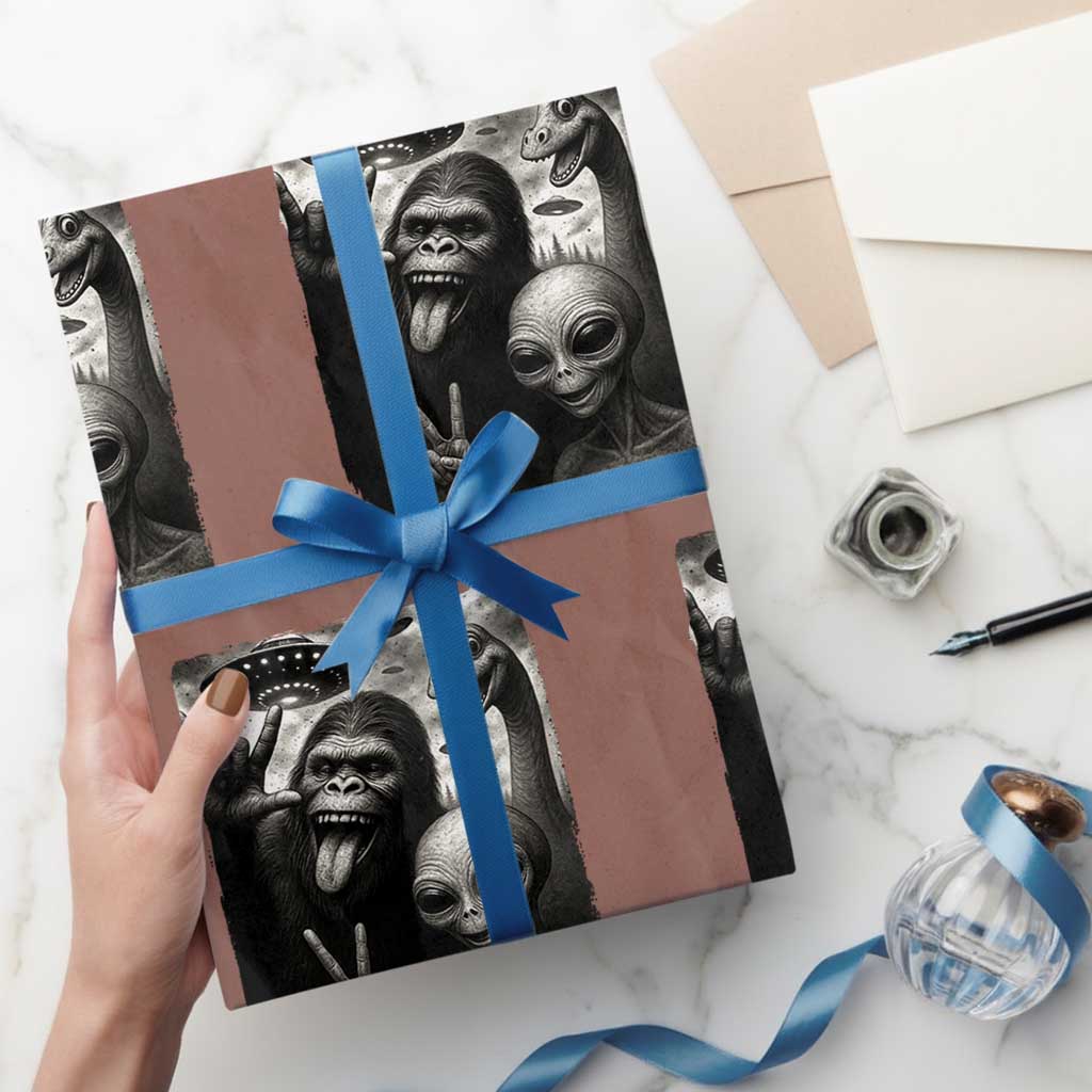 Bigfoot Alien Loch Ness Monster Wrapping Paper Roll Funny Cryptid UFO Selfie Sasquatch Rock On TS10 Mocha Print Your Wear