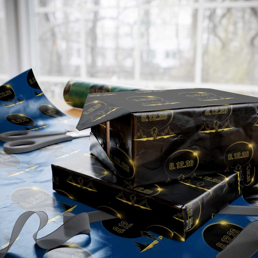 Bigfoot August 12 2026 Total Solar Eclipse Wrapping Paper Roll Totality Sasquatch Cryptid Stargazer Memorabilia TS02 Black Print Your Wear