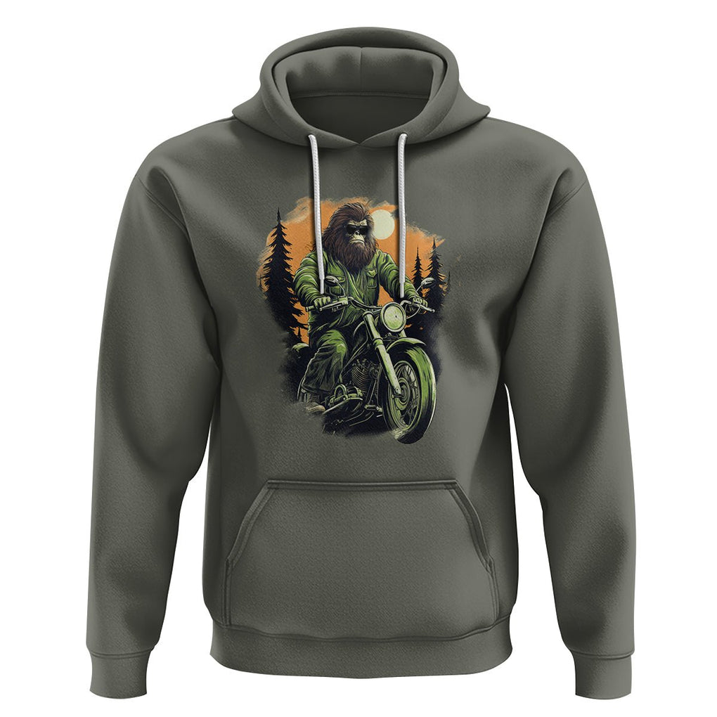 Bigfoot Biker Funny Sasquatch Riding A Motorcycle Vintage Hoodie TS09 Military Green Printyourwear