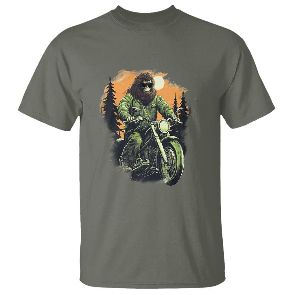 Bigfoot Biker Funny Sasquatch Riding A Motorcycle Vintage T Shirt TS09 Military Green Printyourwear
