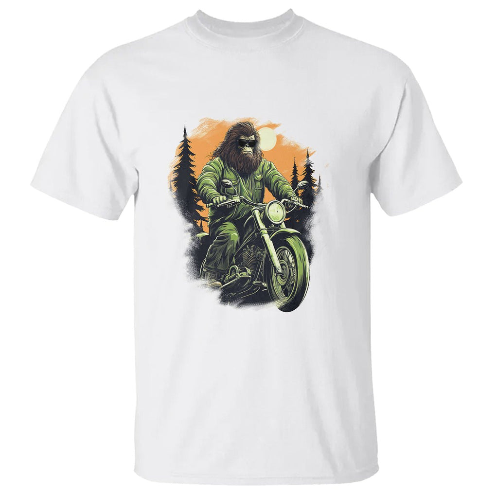 Bigfoot Biker Funny Sasquatch Riding A Motorcycle Vintage T Shirt TS09 White Printyourwear