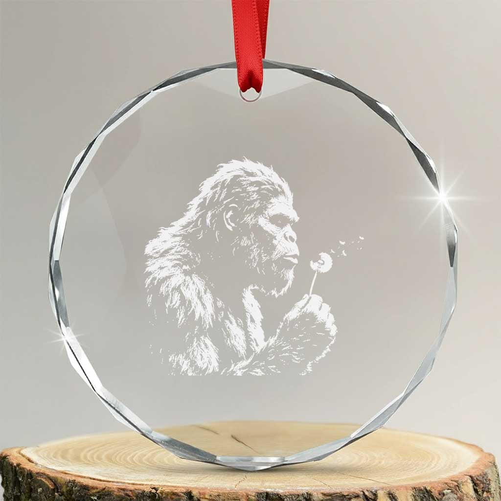 Bigfoot Blowing Dandelion Flower Graphic Crystal Glass Ornament Whimsical Sasquatch Profile Artistic Vintage Distressed TS02 Transparent Glass 3'' Circle Print Your Wear